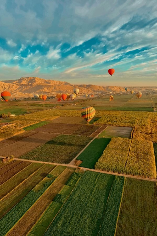 Aerial view of vibrant hot air balloons soaring above fields in Luxor, Egypt.